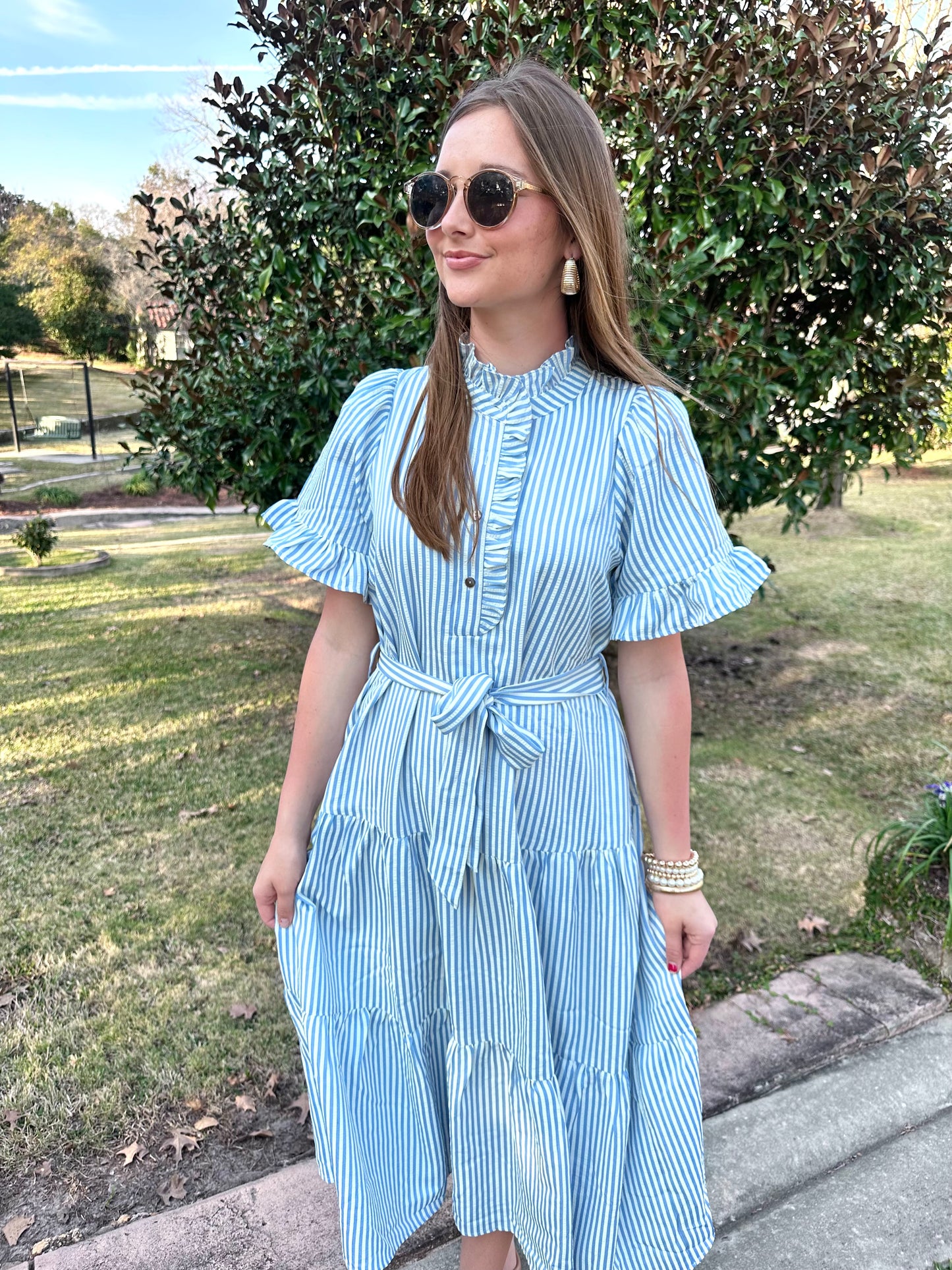 Blue and White Ruffled Midi Dress