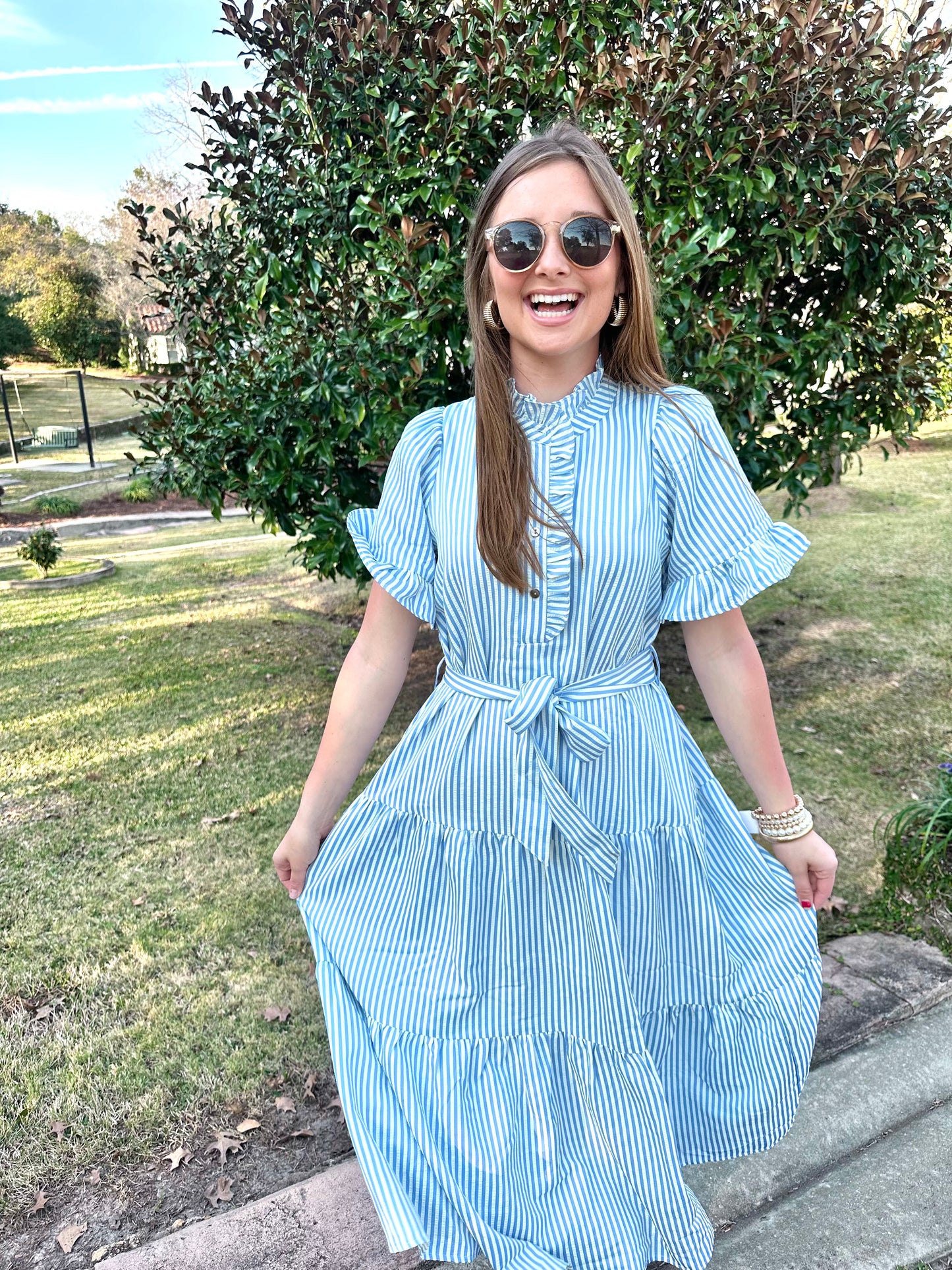 Blue and White Ruffled Midi Dress