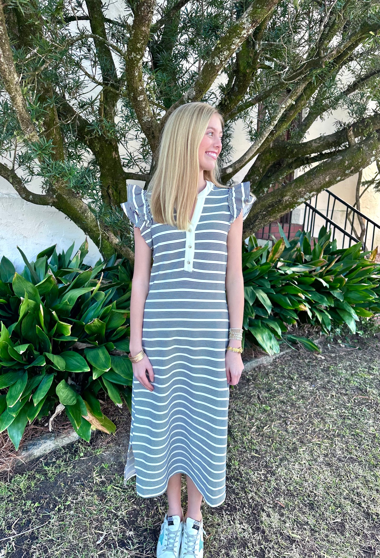 Navy and Off-White Midi Dress