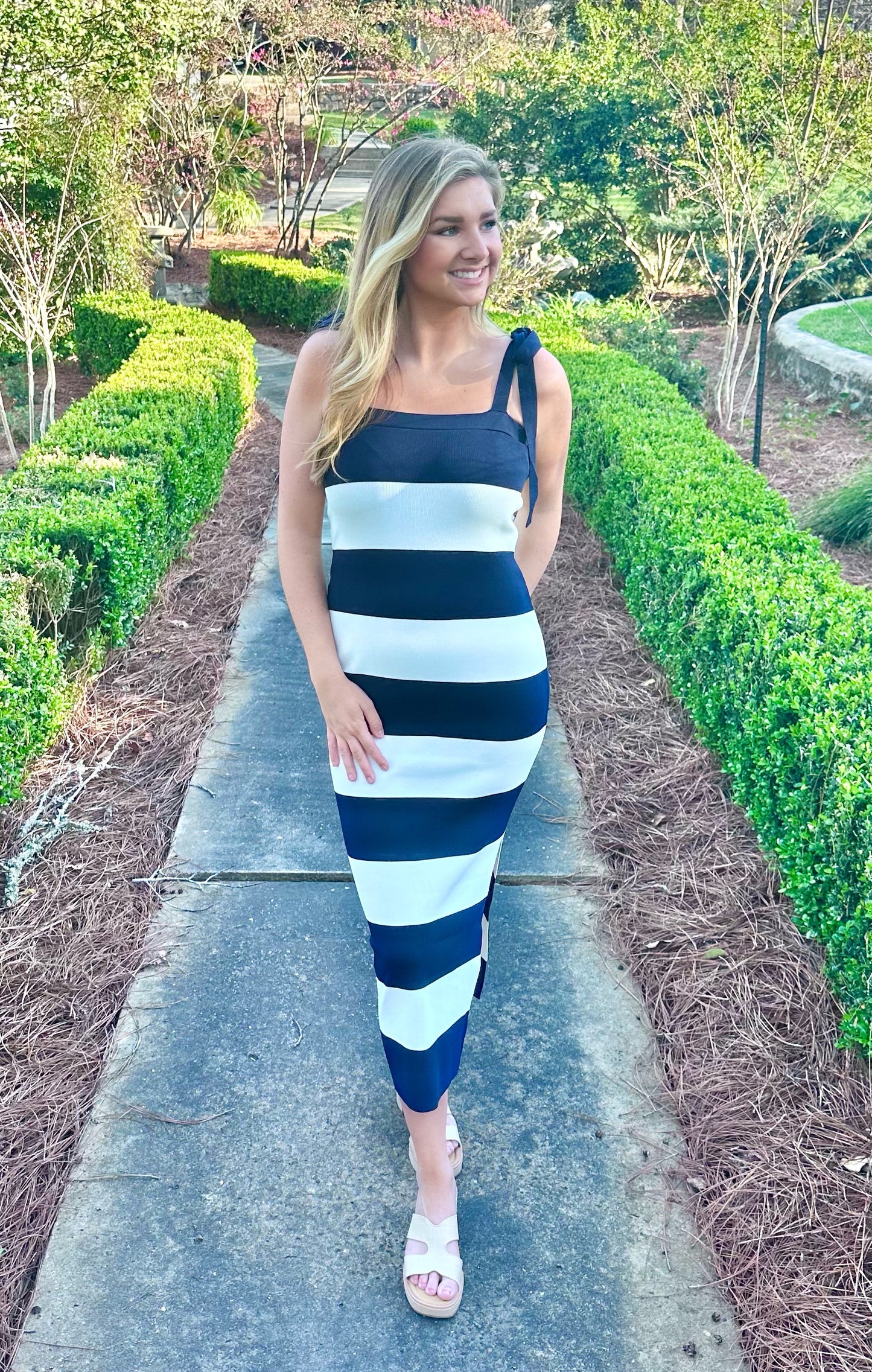 Navy and White Striped Midi